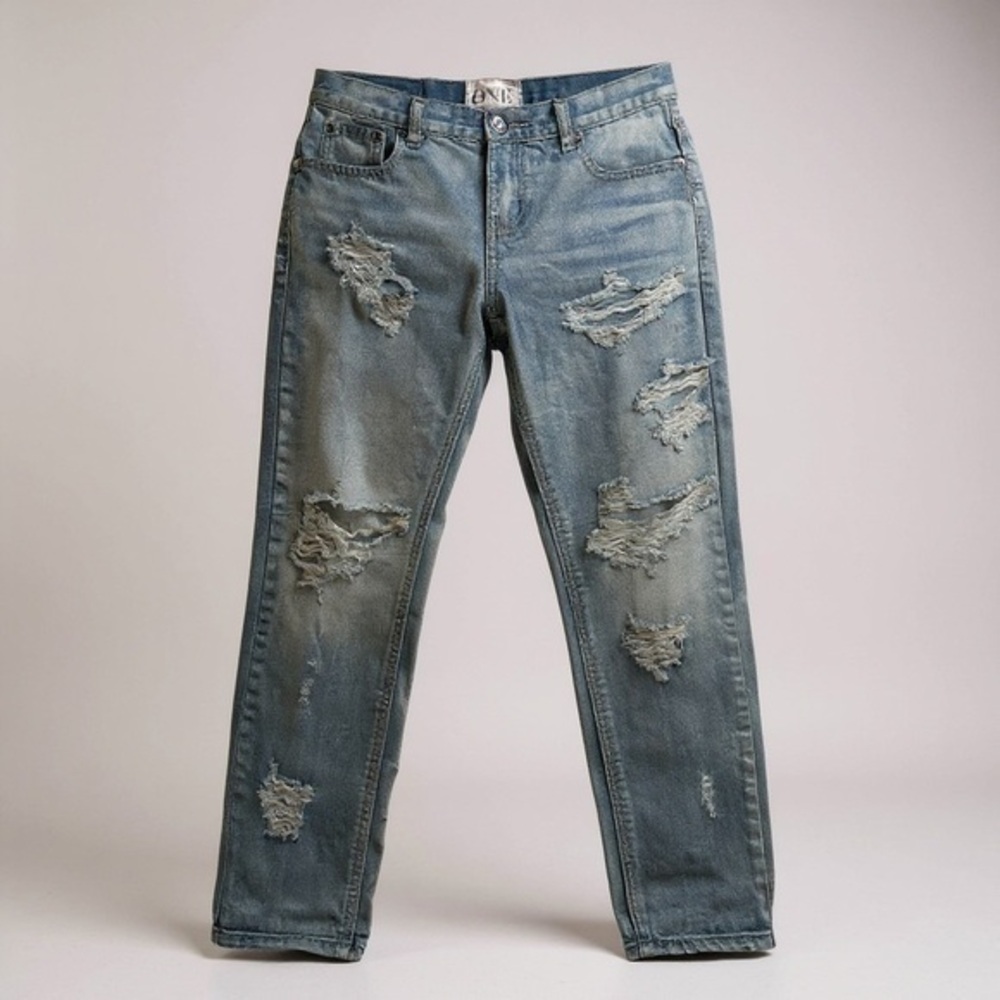 One Teaspoon Low Rise Destroyed Light Wash Boyfriend Jeans